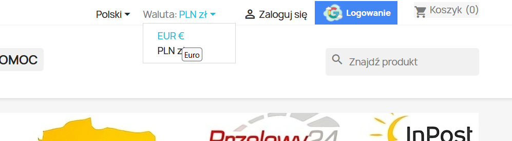Selecting EUR as the currency