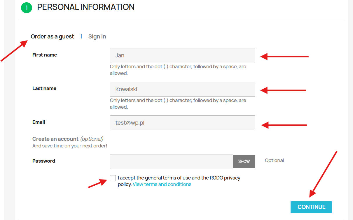 Guest checkout and acceptance of terms