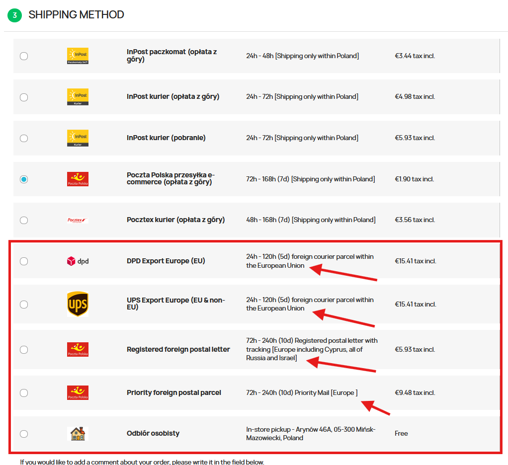 Selecting an international shipping method