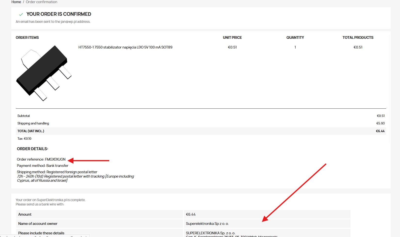 Order confirmation and bank transfer details